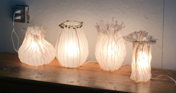 Participants in my Playing With Paper Workshop at Oregon College of Art & Craft created these lamps.