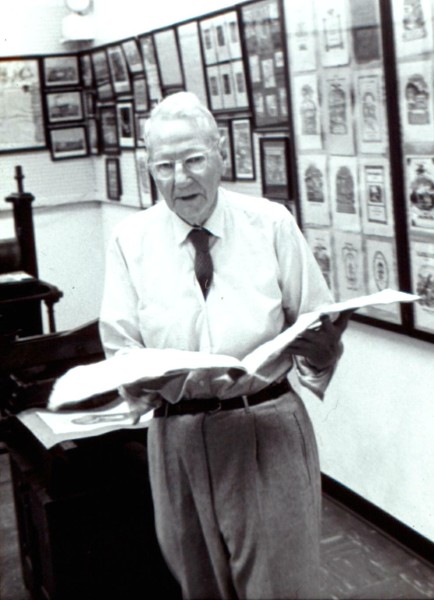 Dard Hunter, at the Paper Museum when it was located at Institute of Paper Chemistry, Appleton, Wisconsin, ca 1963. Hunter served as Curator until his death in 1966.