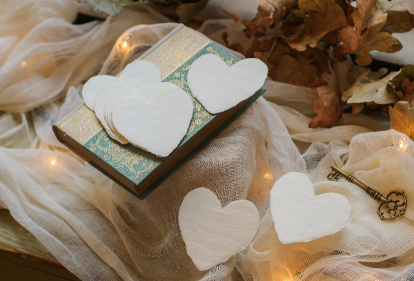 heart-shaped enclosure card with glassine envelope, size 3 x 3 inches, cream recycled oblation handmade cotton paper, full deckle