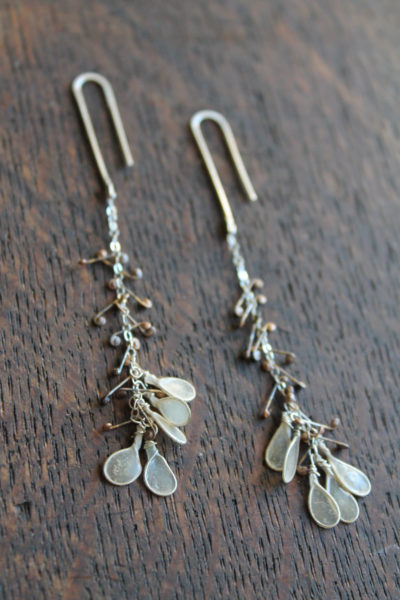 Frond Earrings: Sterling silver with abaca paper dewdrops. 
